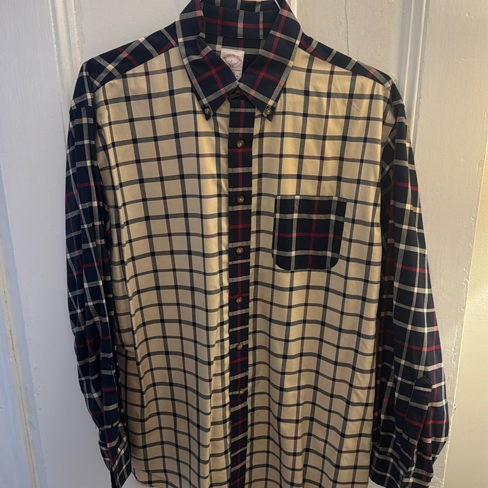 Mens Brooks Brother’s Button Down L Tan/Blue/Red